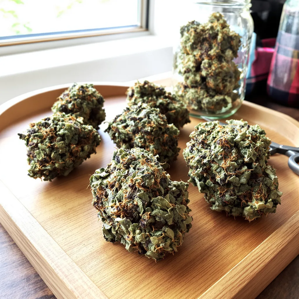 Darth Vader 68% indica / 32% sativa — flor con tricomas visibles