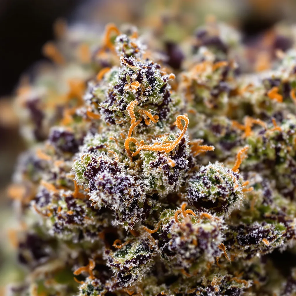 Primer plano de cogollo de cannabis Darth Vader mostrando cálices densos con tonos morados