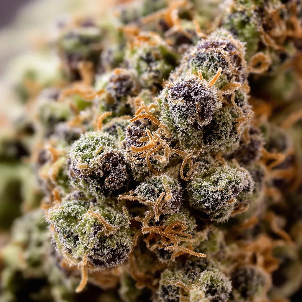 Primer plano de cogollo de cannabis Dawgfather OG mostrando cálices densos con tonos morados
