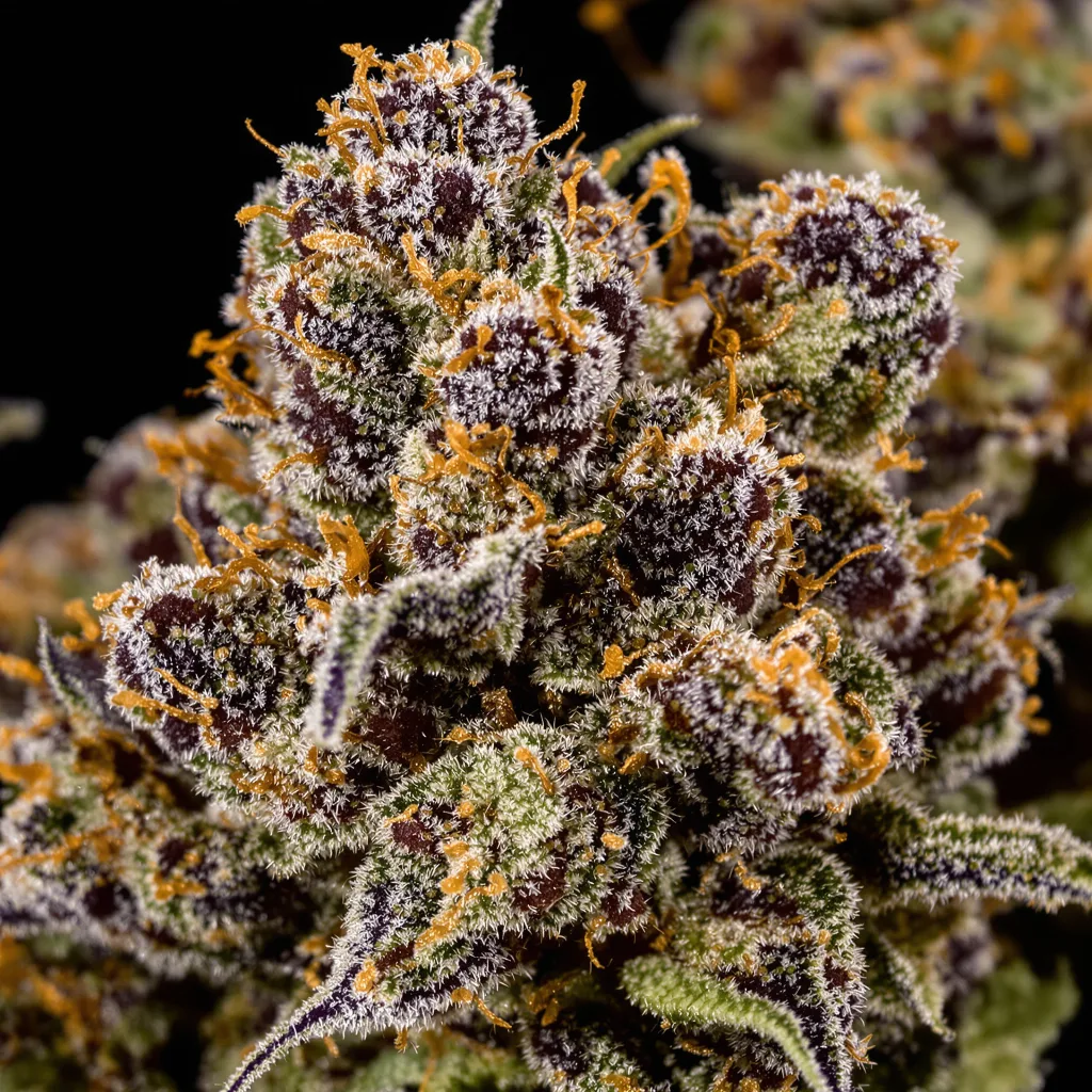 Primer plano de cogollo de cannabis Dawgfather OG mostrando cálices densos con tonos morados