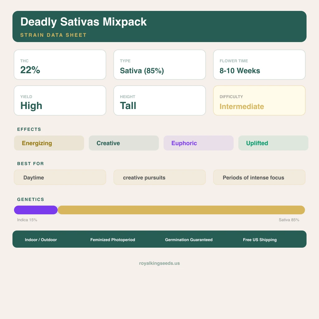 Deadly Sativas Mixpack 15% indica / 85% sativa — flor con tricomas visibles