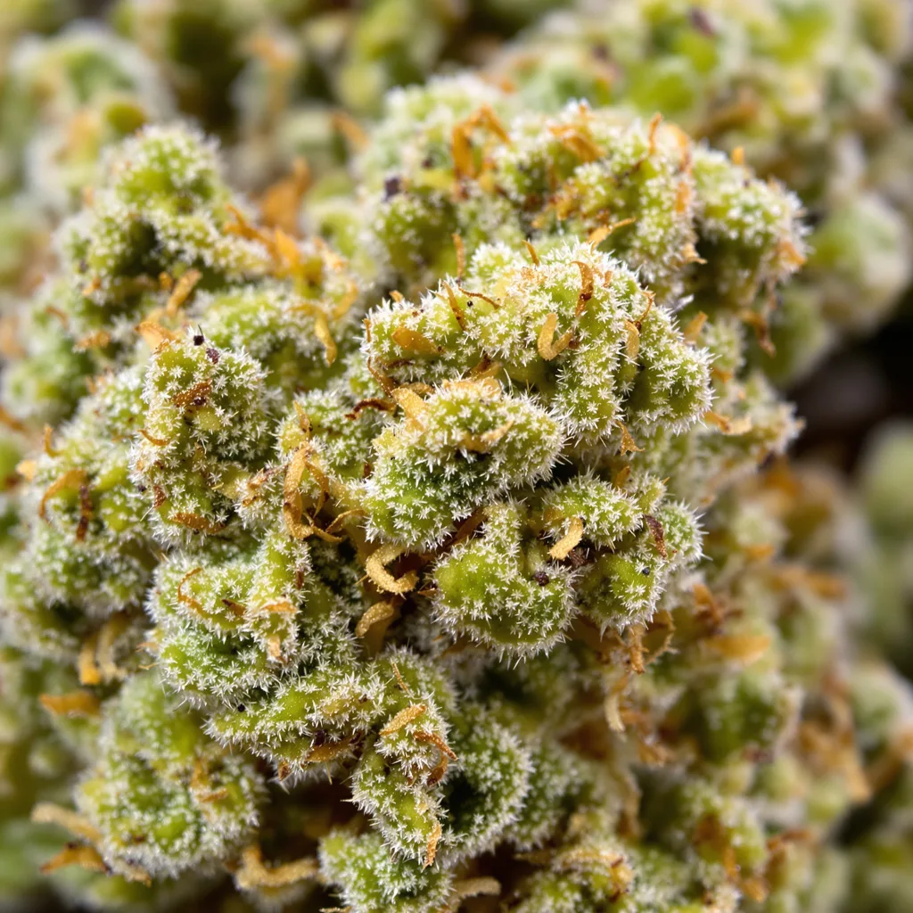 Primer plano de cogollo de cannabis Deadly Sativas Mixpack mostrando estructura aireada verde lima