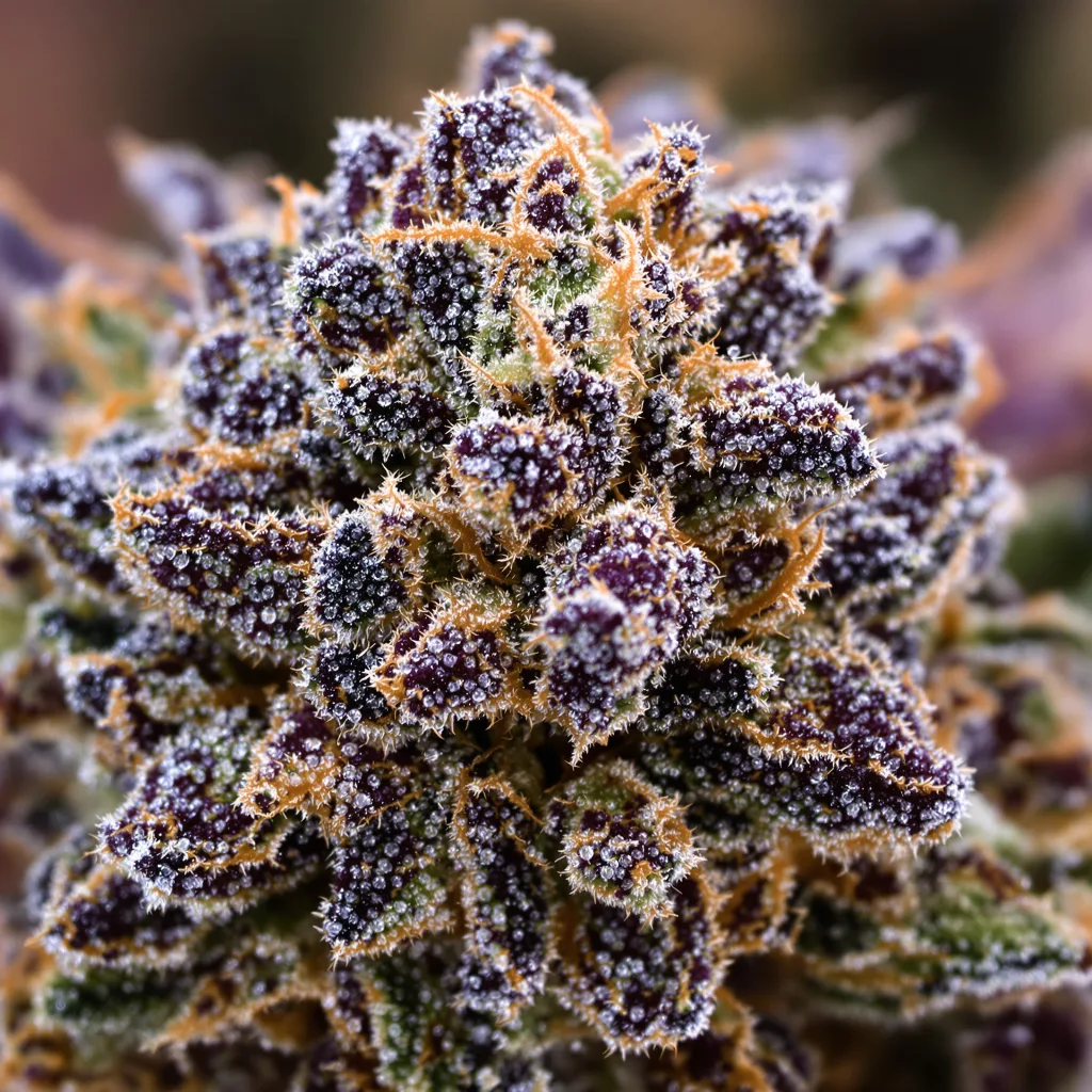 Primer plano de cogollo de cannabis Deadwood mostrando cálices densos con tonos morados