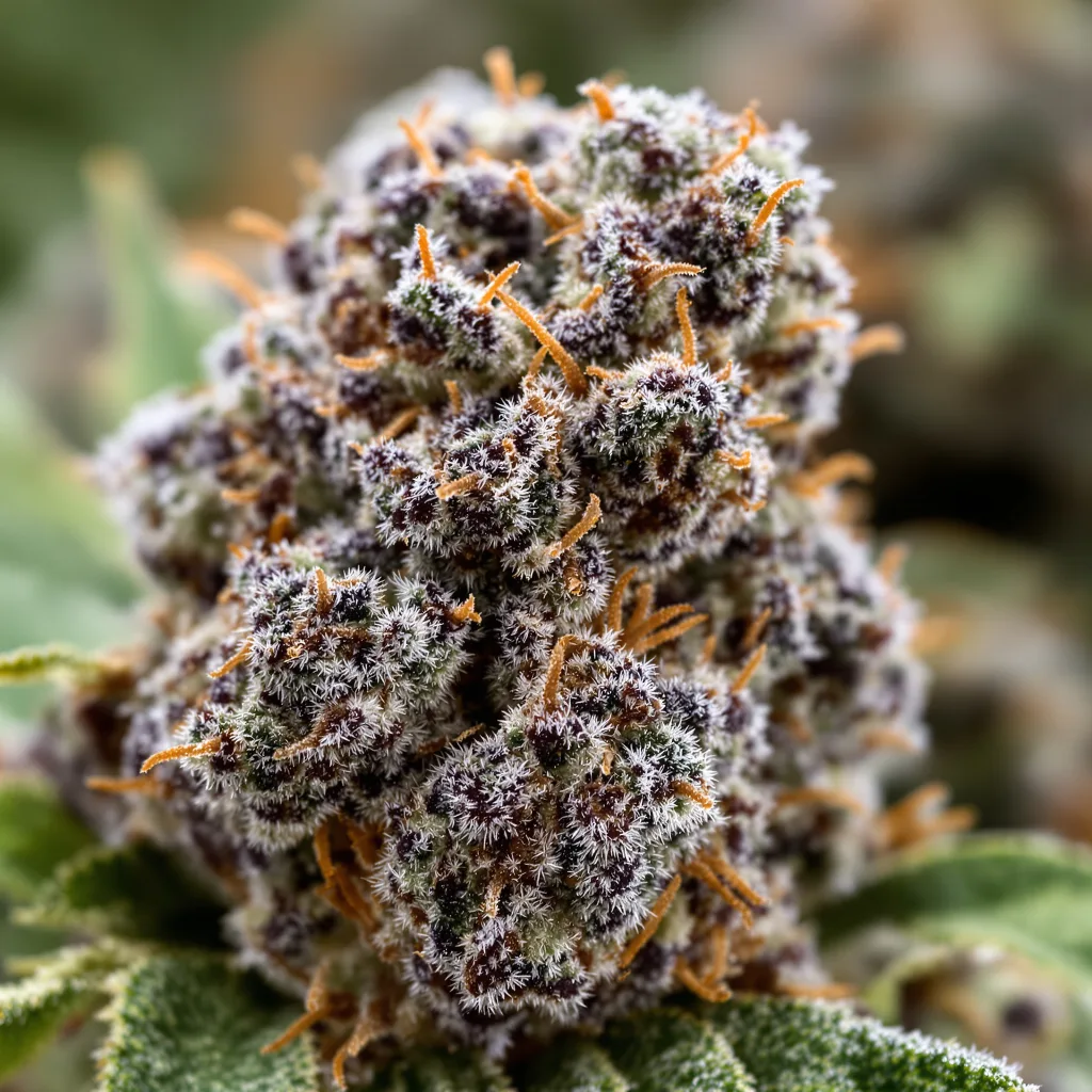Primer plano de cogollo de cannabis Deadwood mostrando cálices densos con tonos morados