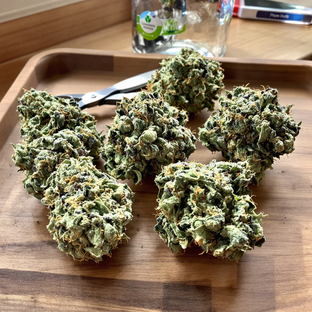 Death Star OG 60% indica / 30% sativa — flor con tricomas visibles