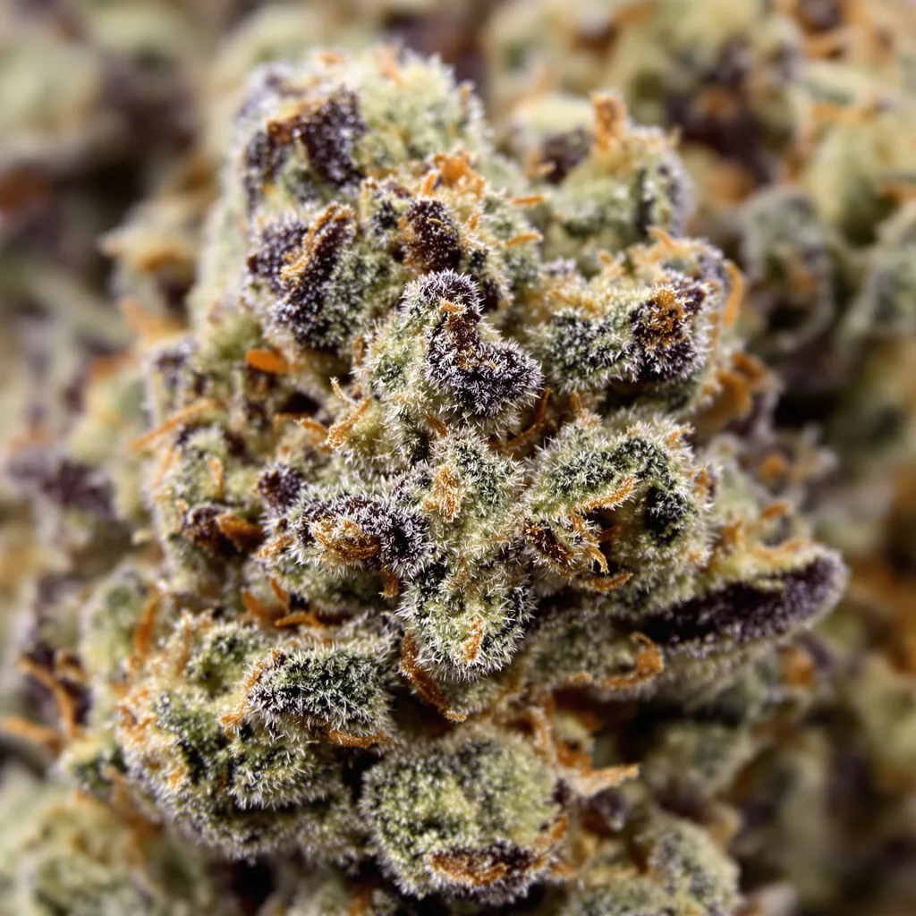 Primer plano de cogollo de cannabis Deep Chunk mostrando cálices densos con tonos morados