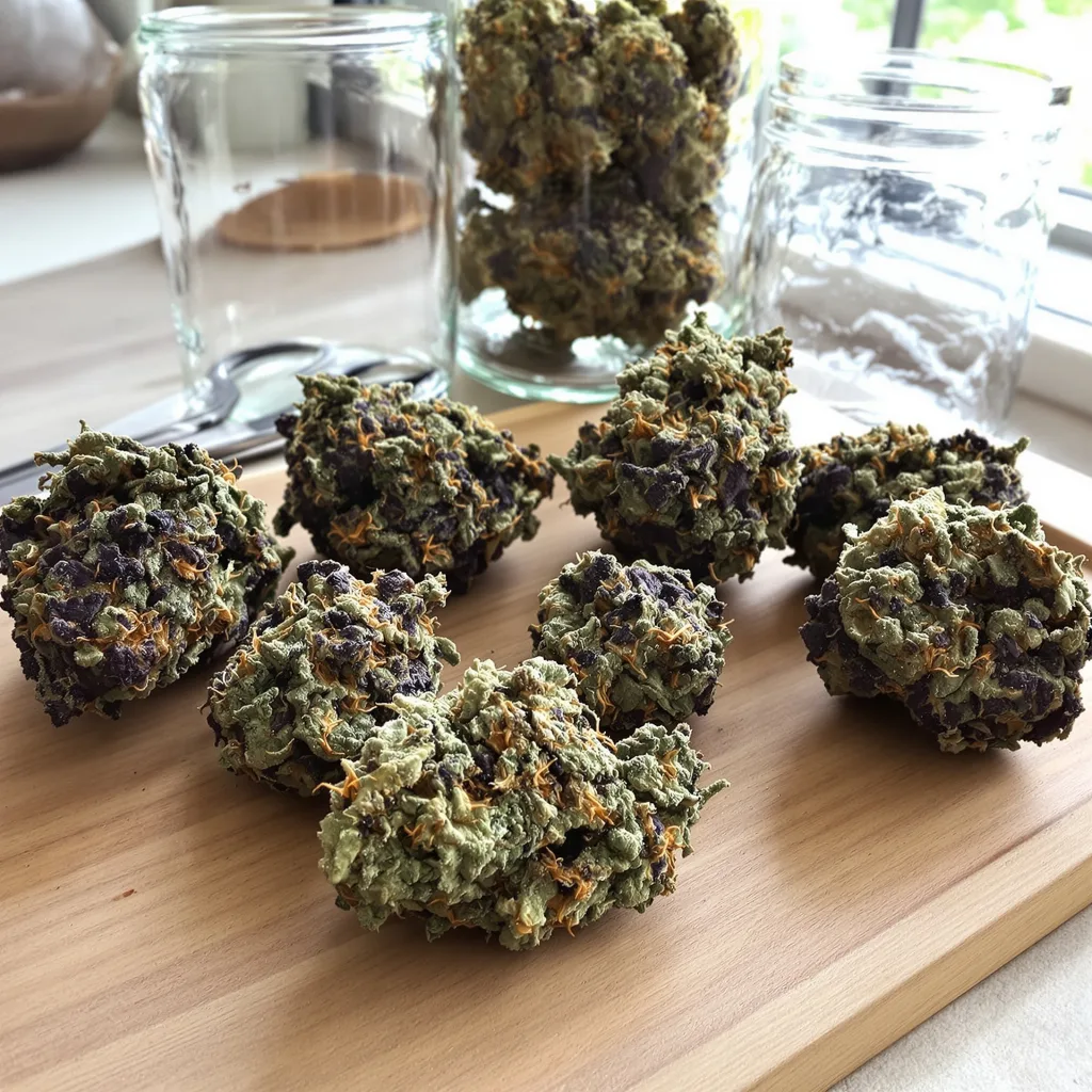 Deep Purple 70% indica / 20% sativa — flor con tricomas visibles