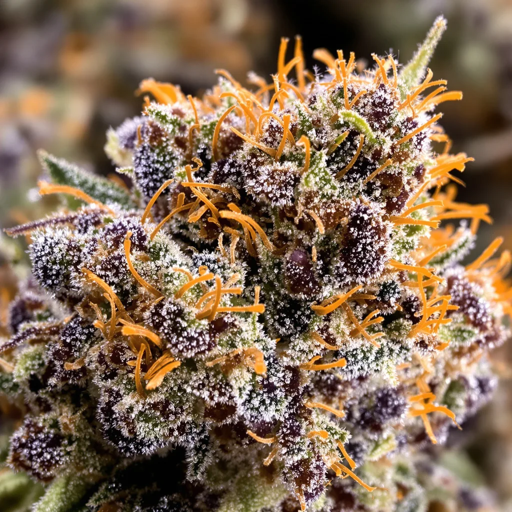 Primer plano de cogollo de cannabis Deep Purple mostrando cálices densos con tonos morados