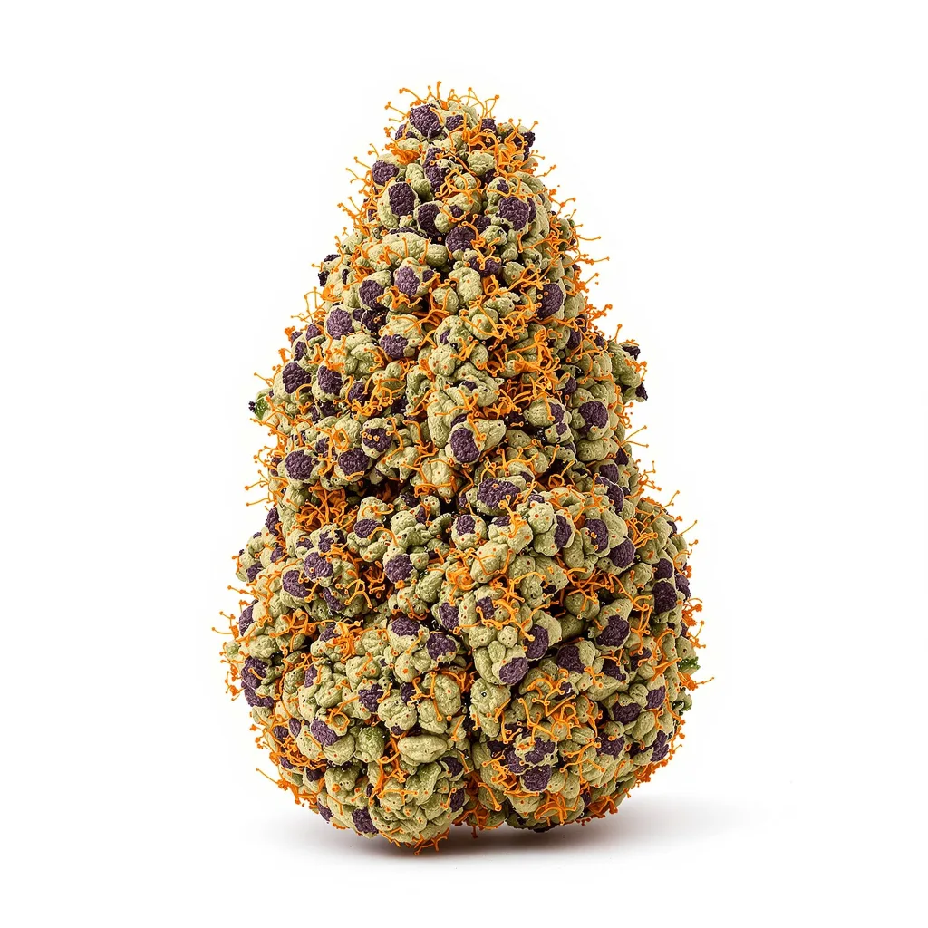 Deep Purple 70% indica / 20% sativa — flor con tricomas visibles