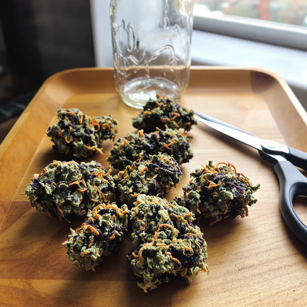 Deep Purple 70% indica / 20% sativa — flor con tricomas visibles