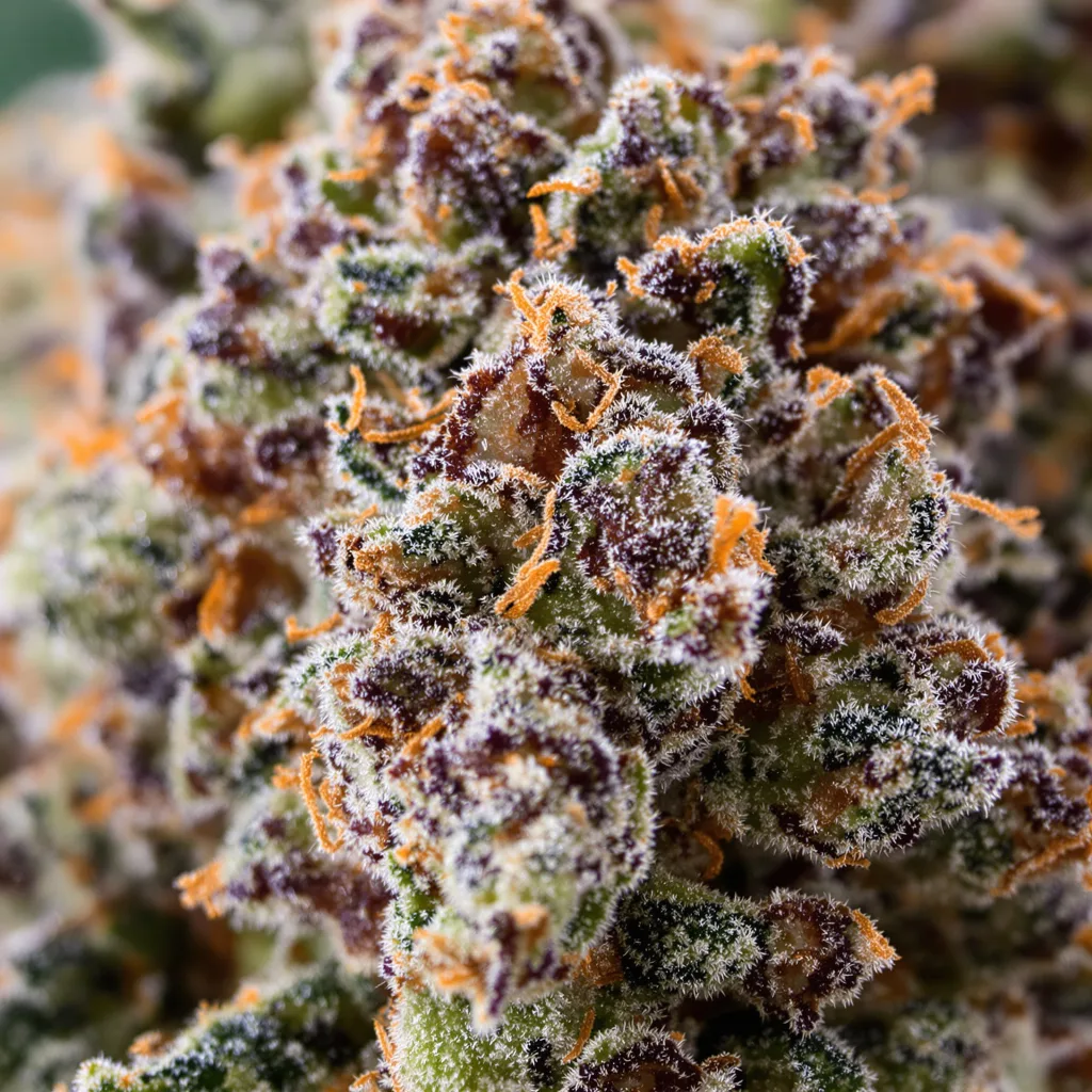 Primer plano de cogollo de cannabis Deep Purple mostrando cálices densos con tonos morados