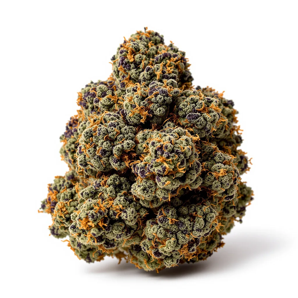 Deep Purple 70% indica / 20% sativa — flor con tricomas visibles