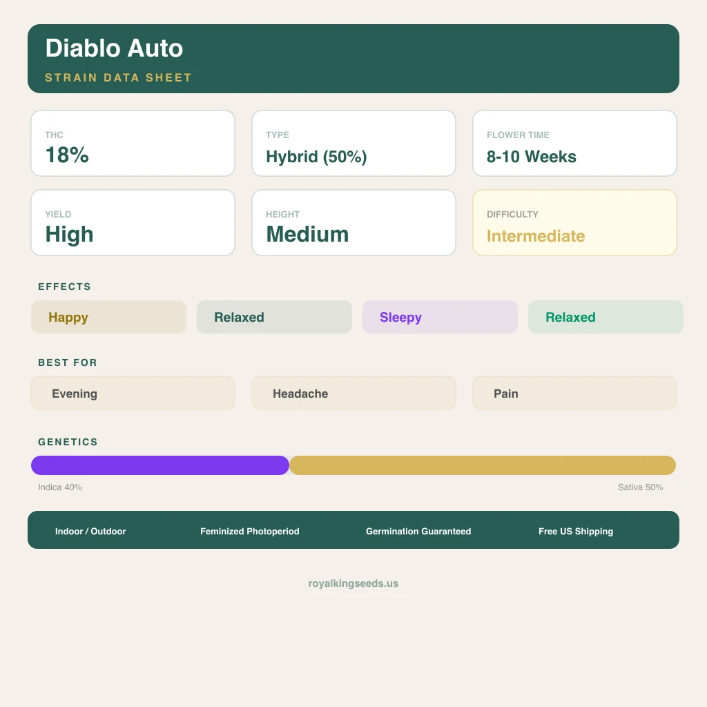 Diablo 40% indica / 50% sativa — flor con tricomas visibles
