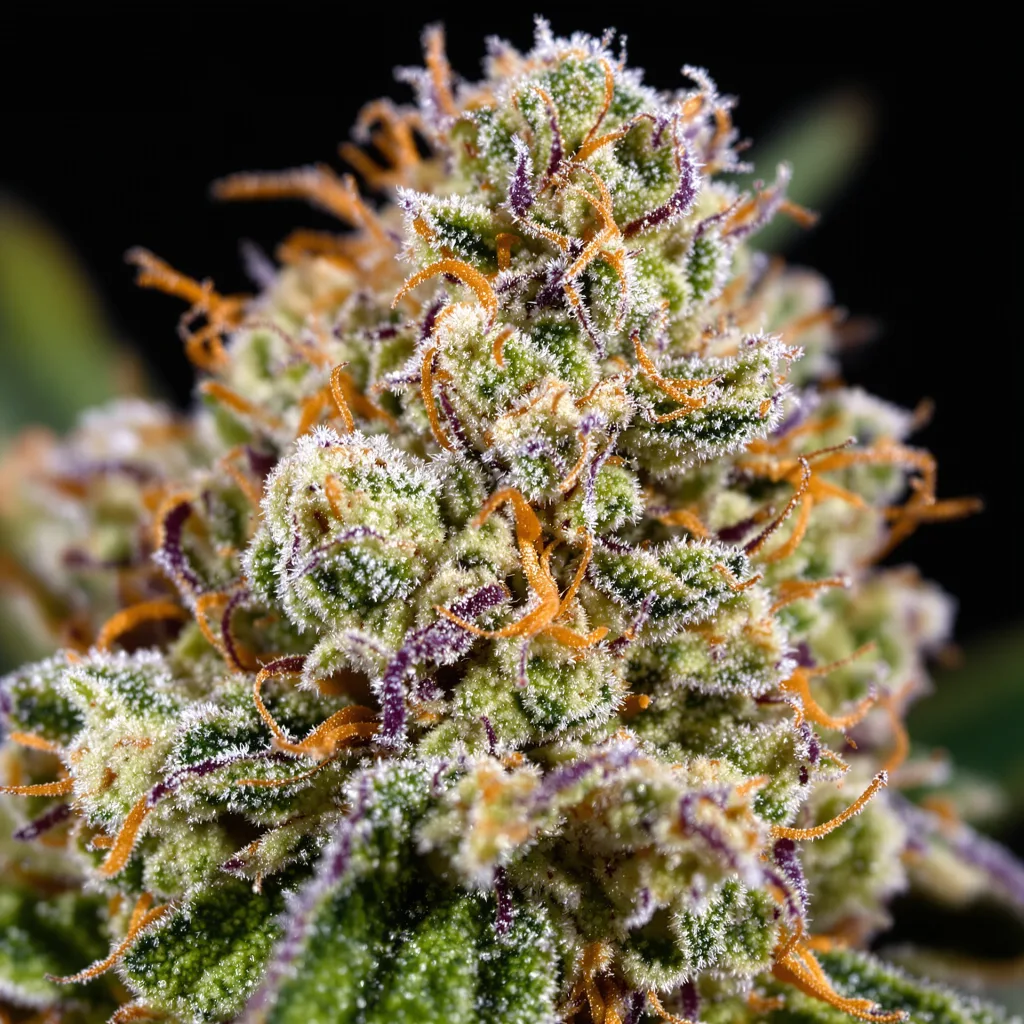 Primer plano de cogollo de cannabis Diablo mostrando estructura equilibrada con tricomas escarchados
