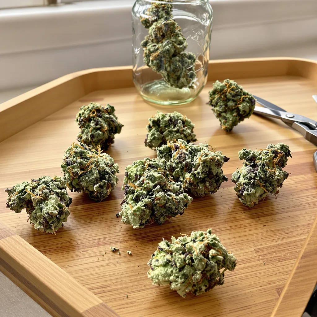 Diamond Valley Kush 46% indica / 54% sativa — flor con tricomas visibles