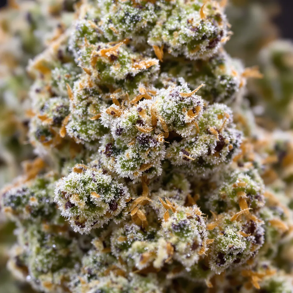 Primer plano de cogollo de cannabis Diamond Valley Kush mostrando estructura equilibrada con tricomas escarchados