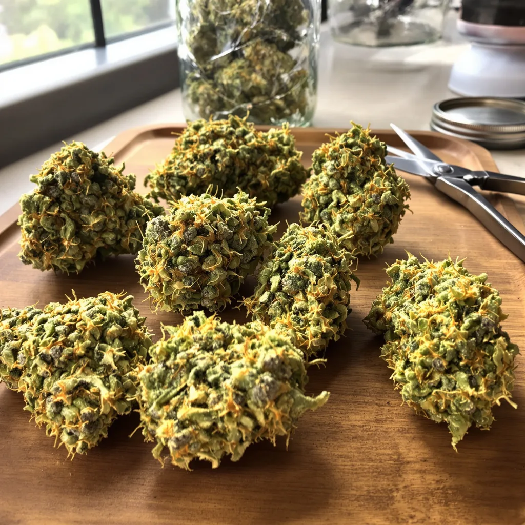 Diesel Duff 21% indica / 79% sativa — flor con tricomas visibles