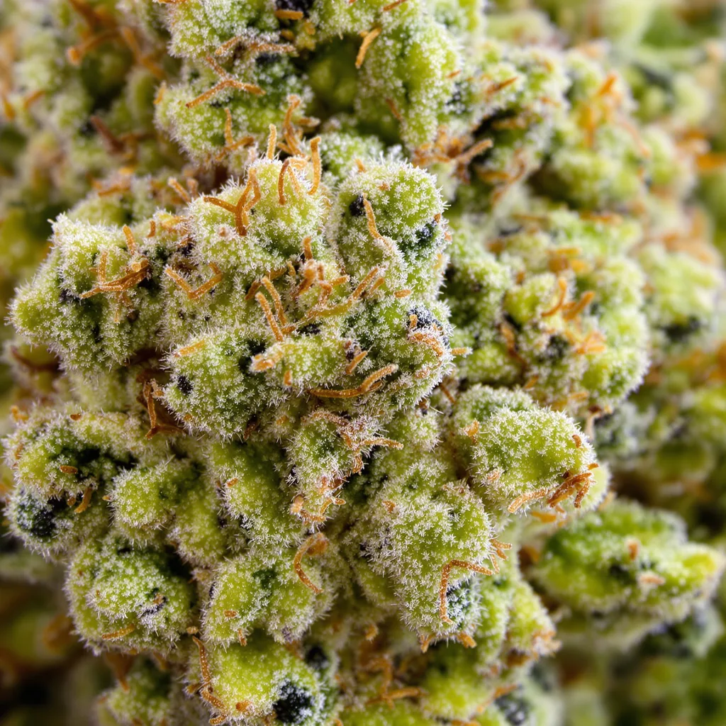 Primer plano de cogollo de cannabis Diesel Duff mostrando estructura aireada verde lima