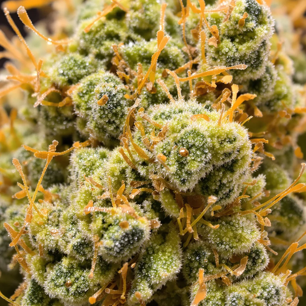 Primer plano de cogollo de cannabis Diesel mostrando estructura aireada verde lima