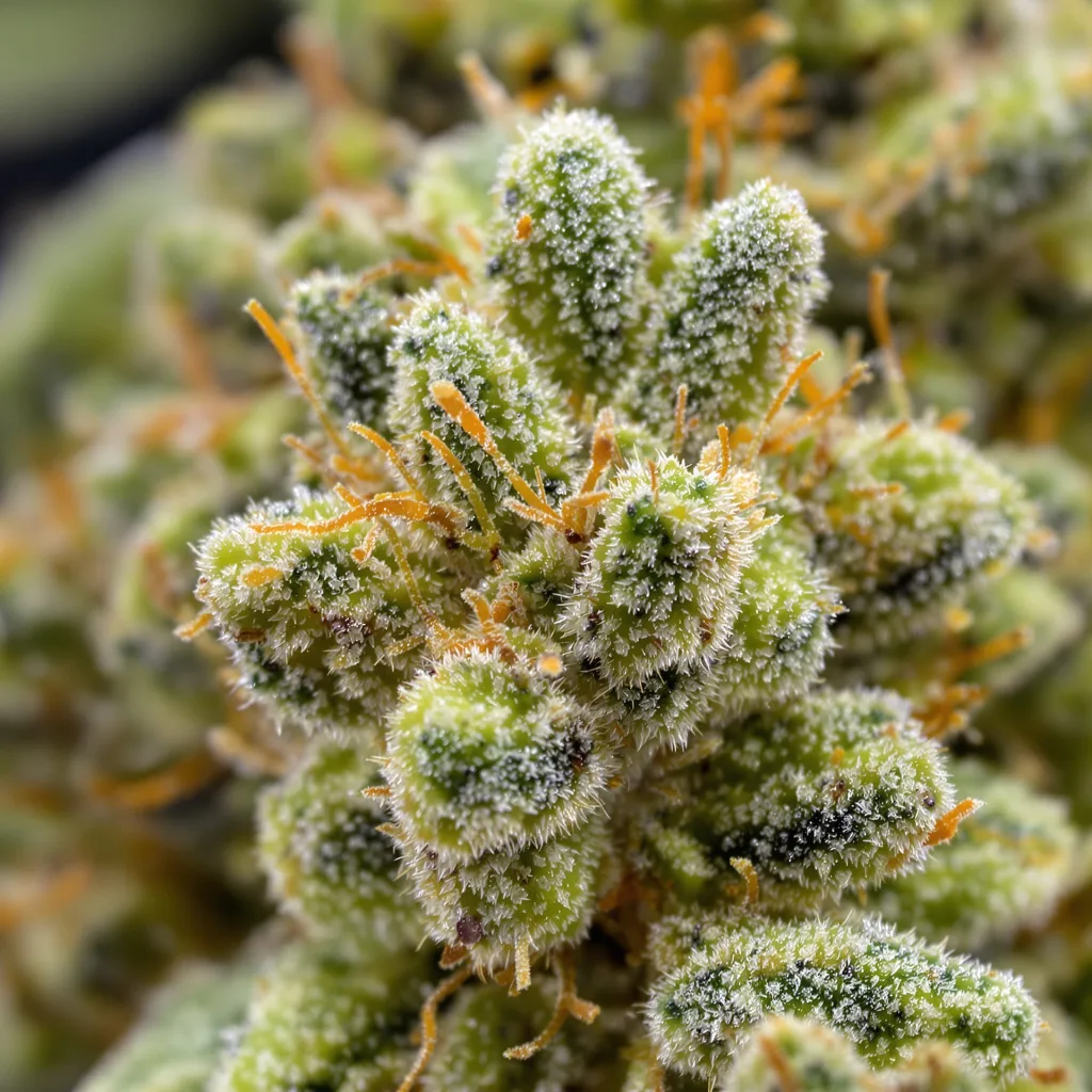 Primer plano de cogollo de cannabis Diesel Power mostrando estructura aireada verde lima