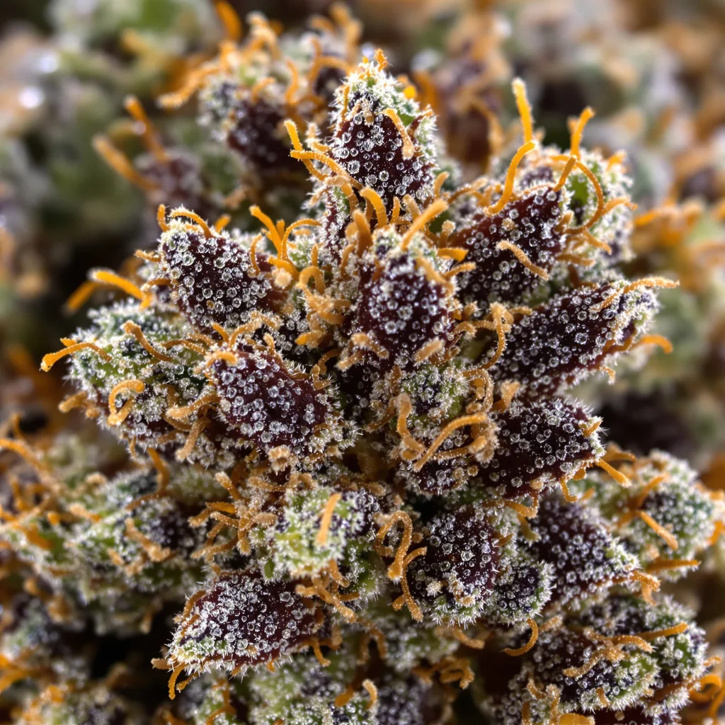 Primer plano de cogollo de cannabis Dinachem mostrando cálices densos con tonos morados