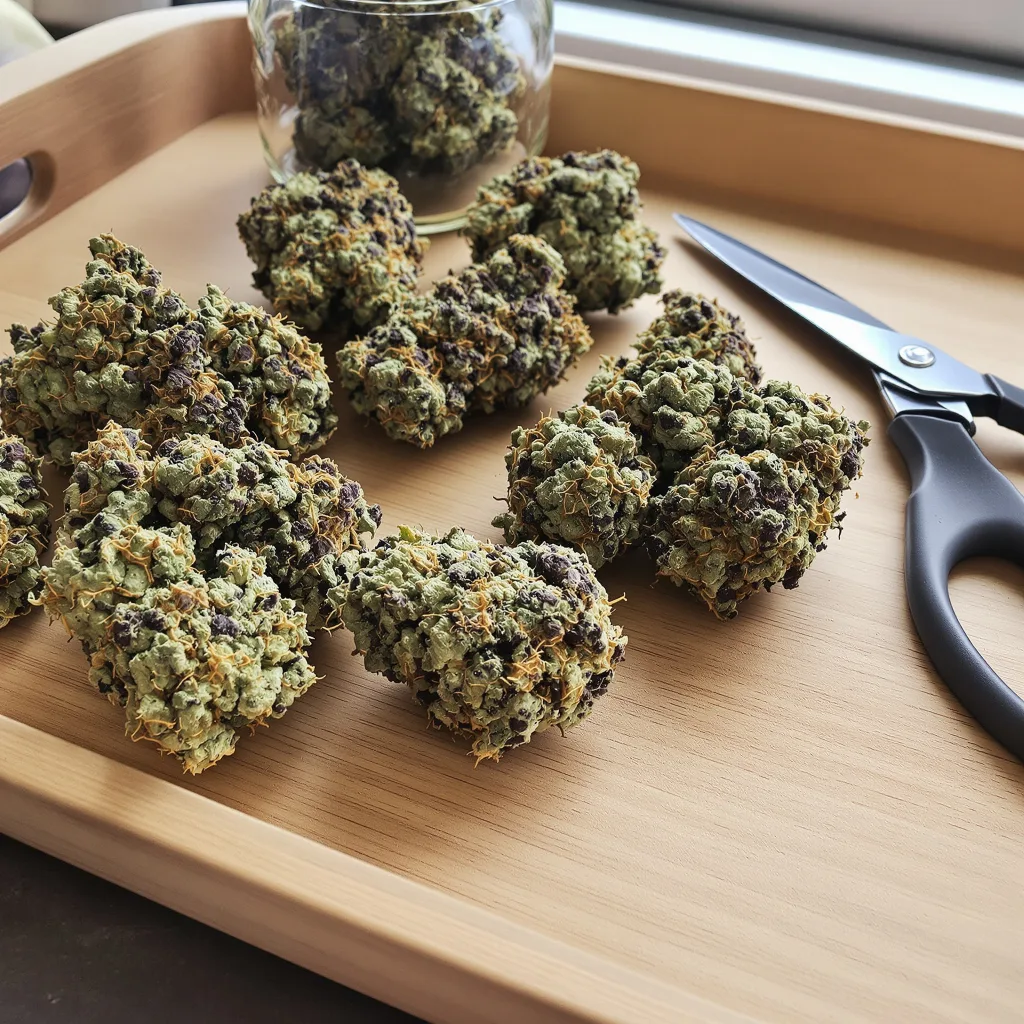 Dinachem 67% indica / 33% sativa — flor con tricomas visibles
