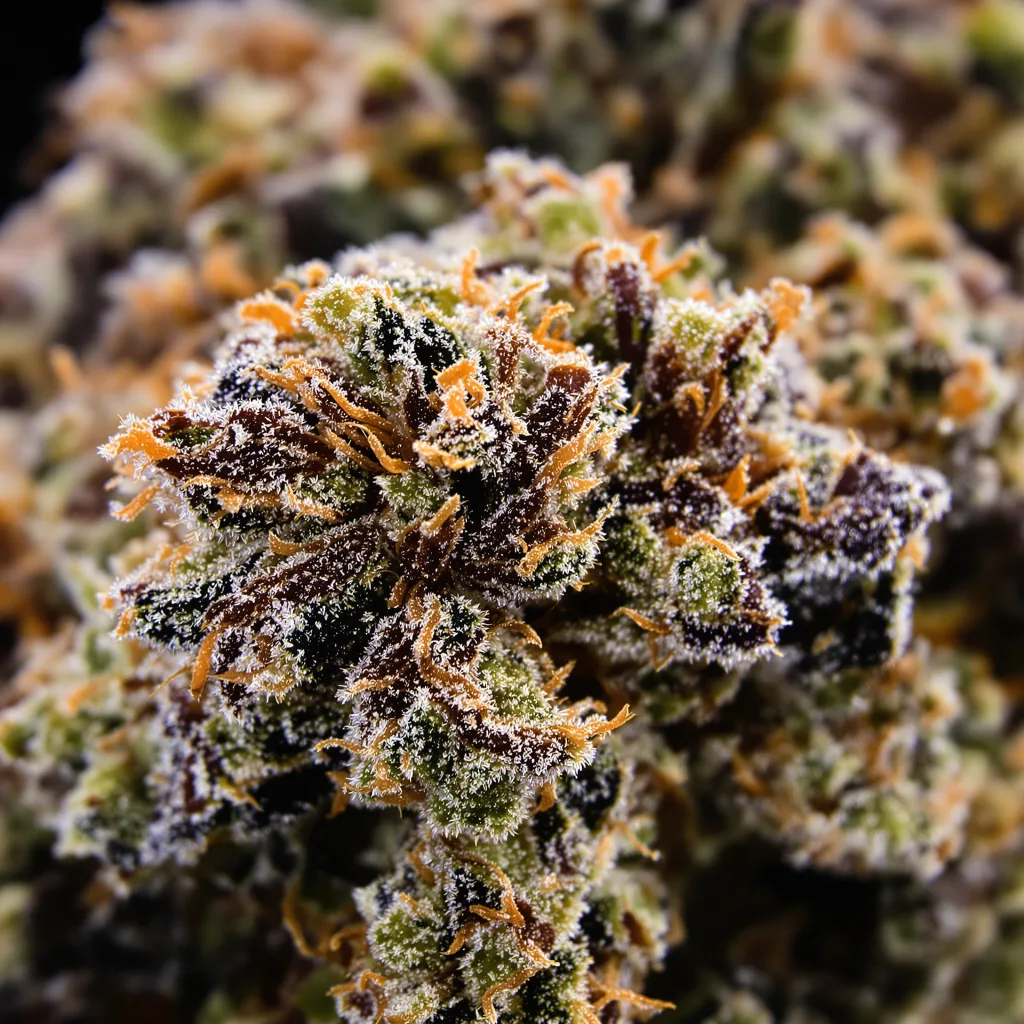 Primer plano de cogollo de cannabis Dinachem mostrando cálices densos con tonos morados