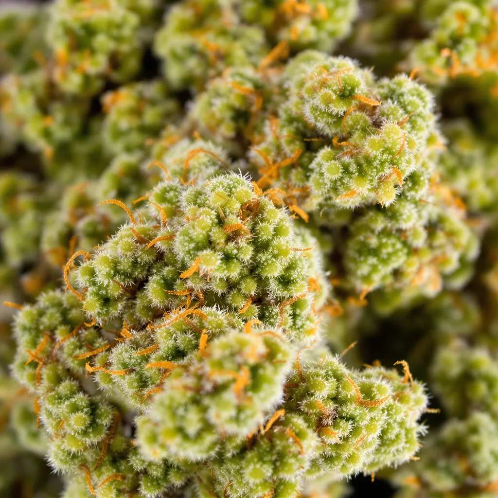 Primer plano de cogollo de cannabis Dirty Girl mostrando estructura aireada verde lima