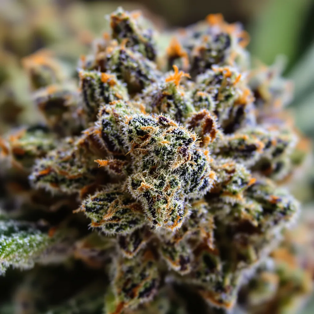 Primer plano de cogollo de cannabis Disney Blue mostrando cálices densos con tonos morados