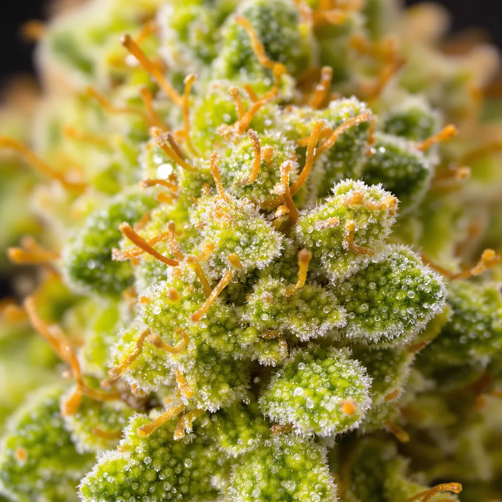 Primer plano de cogollo de cannabis Dizzy OG mostrando estructura aireada verde lima