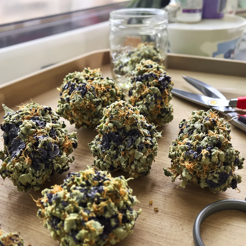 DJ Short Blueberry 80% indica / 20% sativa — flor con tricomas visibles