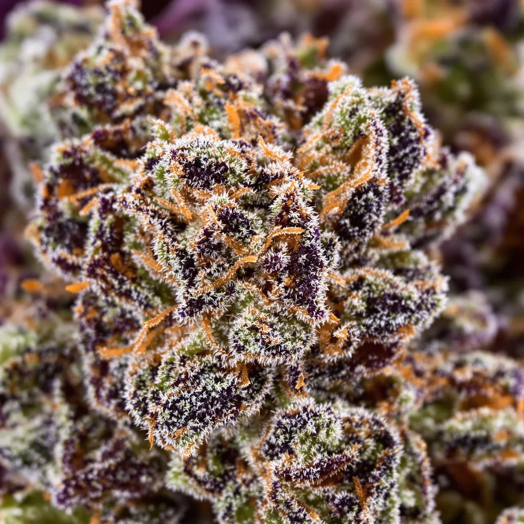 Primer plano de cogollo de cannabis DJ Short Blueberry mostrando cálices densos con tonos morados