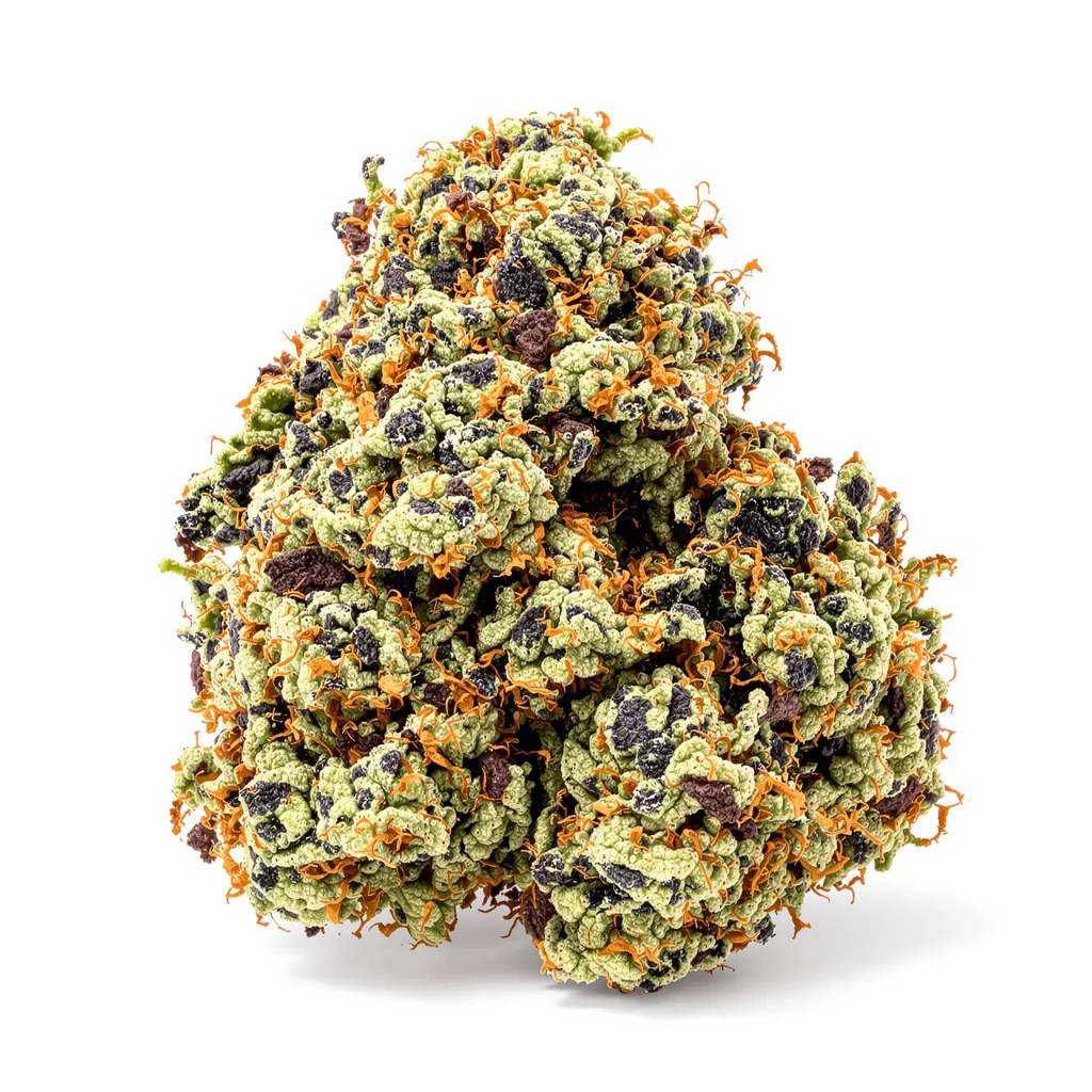 DJ Short Blueberry 80% indica / 20% sativa — flor con tricomas visibles
