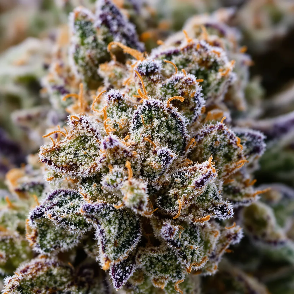 Primer plano de cogollo de cannabis Do-Si-Dos mostrando estructura equilibrada con tricomas escarchados