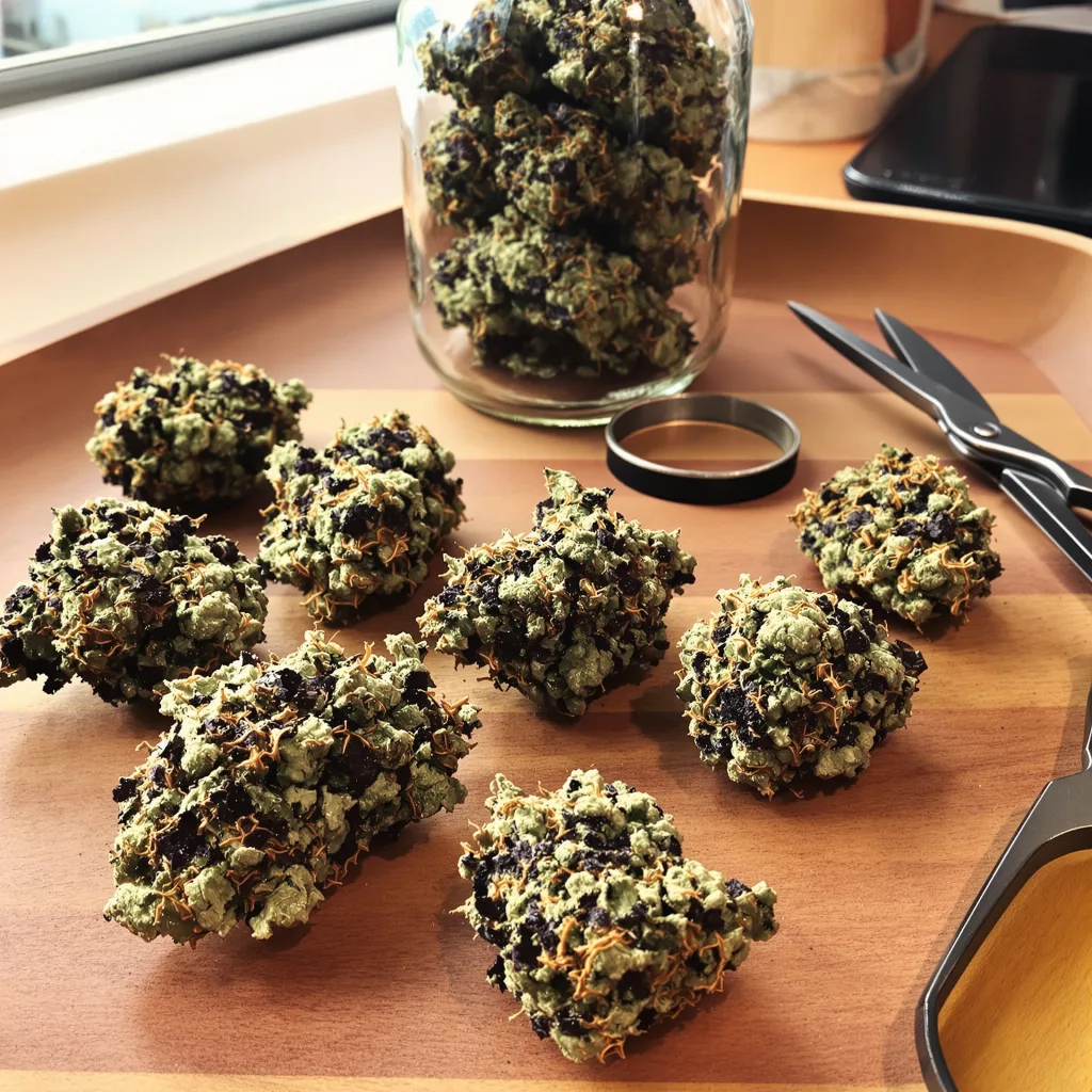 Dogwalker OG 78% indica / 22% sativa — flor con tricomas visibles