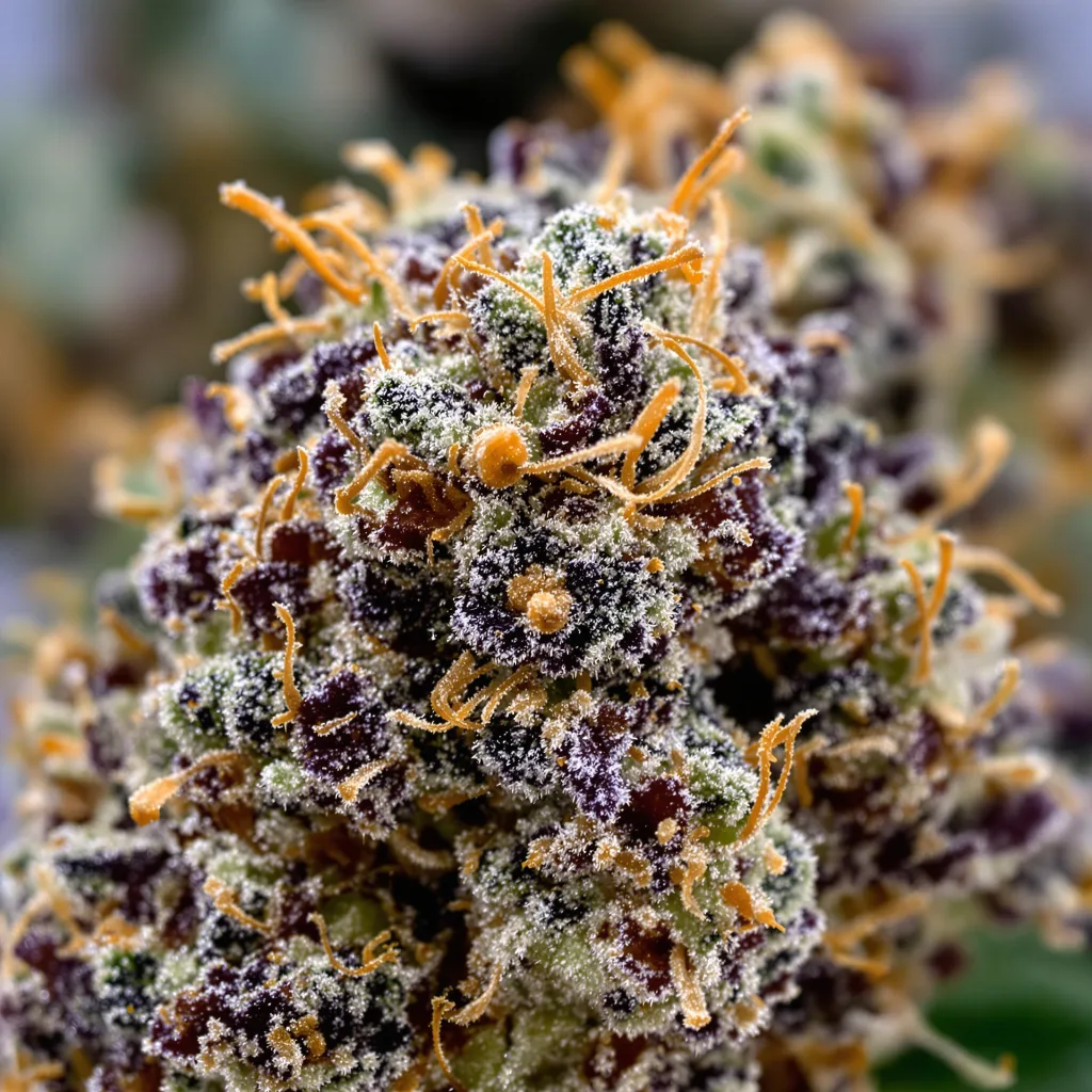 Primer plano de cogollo de cannabis Dogwalker OG mostrando cálices densos con tonos morados