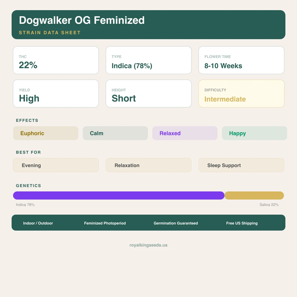 Dogwalker OG 78% indica / 22% sativa — flor con tricomas visibles