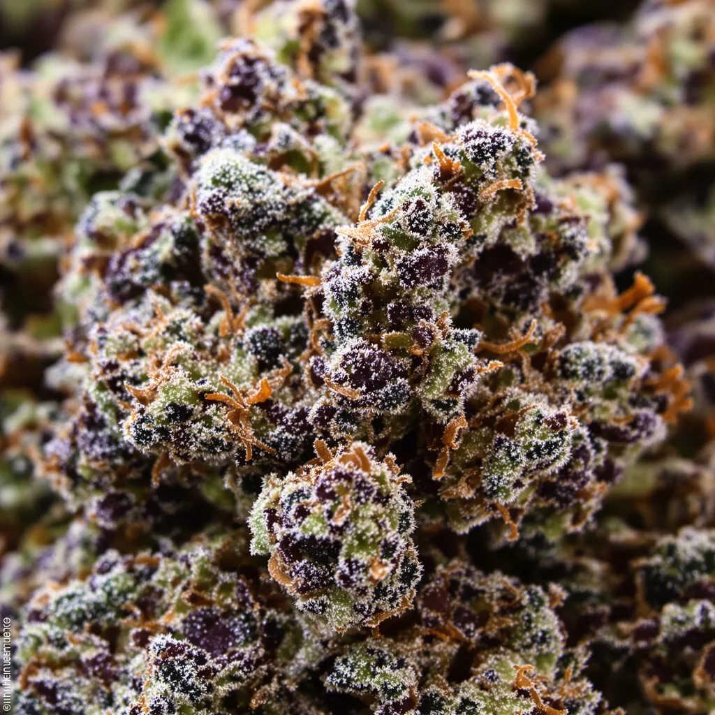 Primer plano de cogollo de cannabis Dogwalker OG mostrando cálices densos con tonos morados