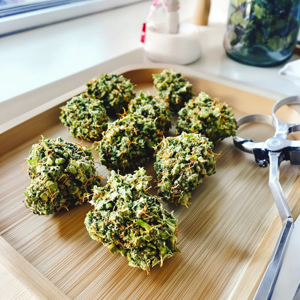 Domino 12% indica / 88% sativa — flor con tricomas visibles