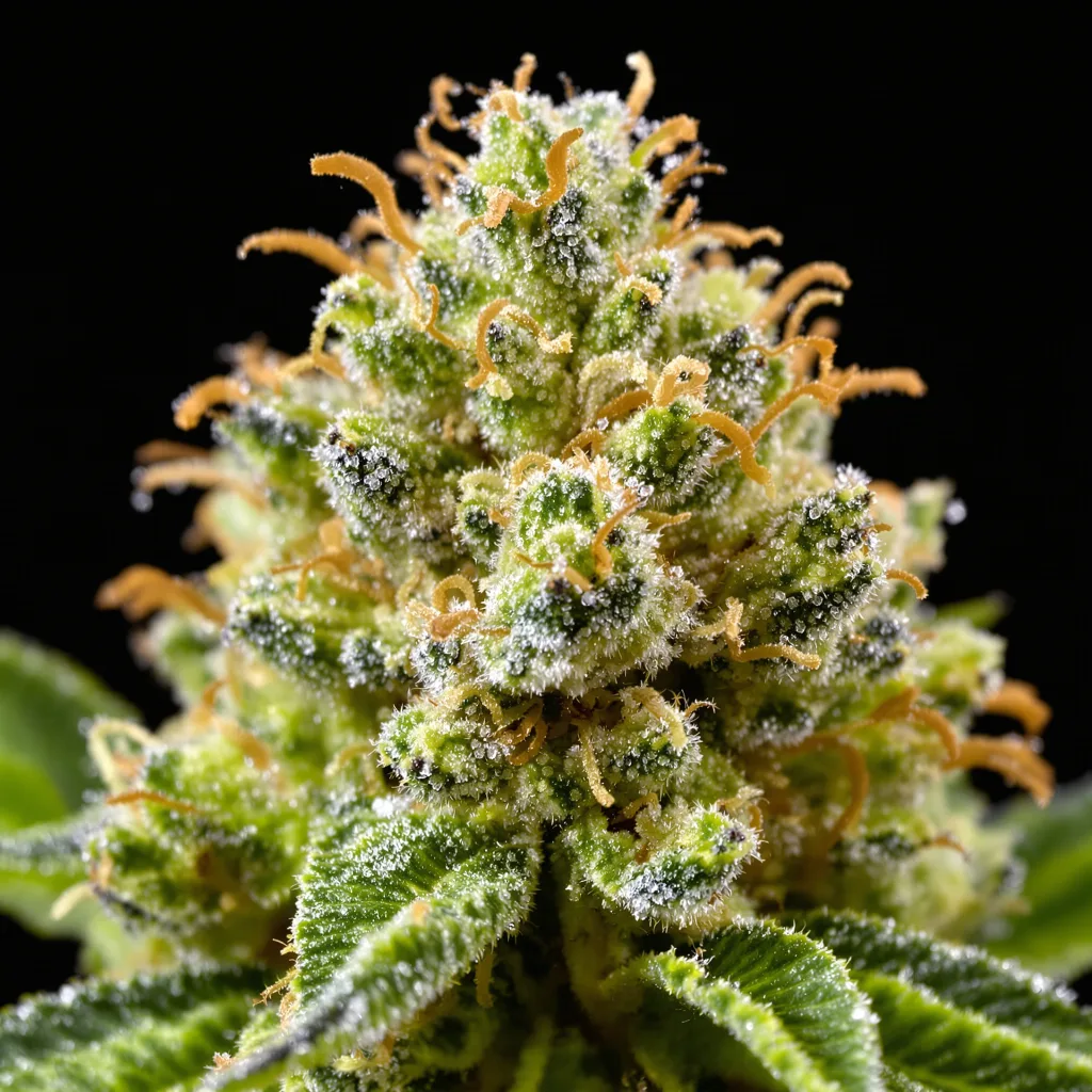 Primer plano de cogollo de cannabis Domino mostrando estructura aireada verde lima