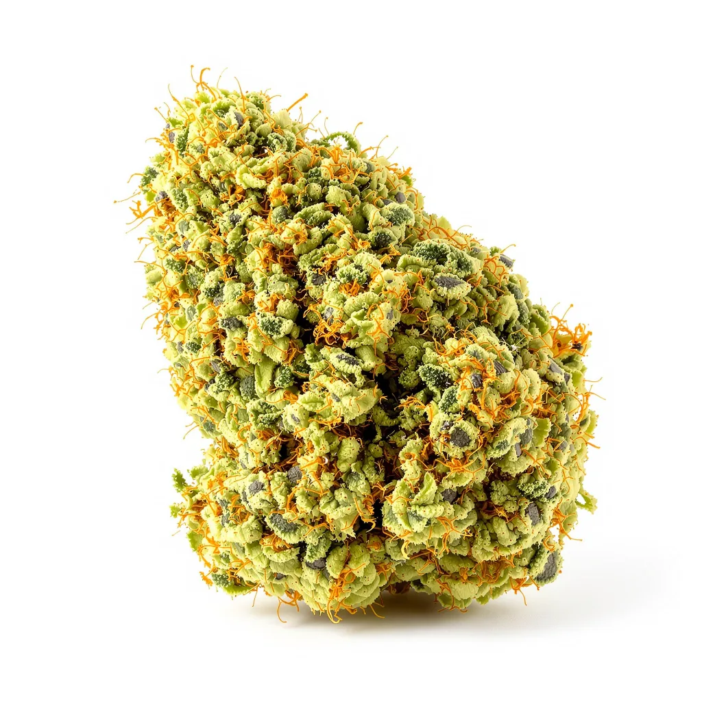 Domino 12% indica / 88% sativa — flor con tricomas visibles