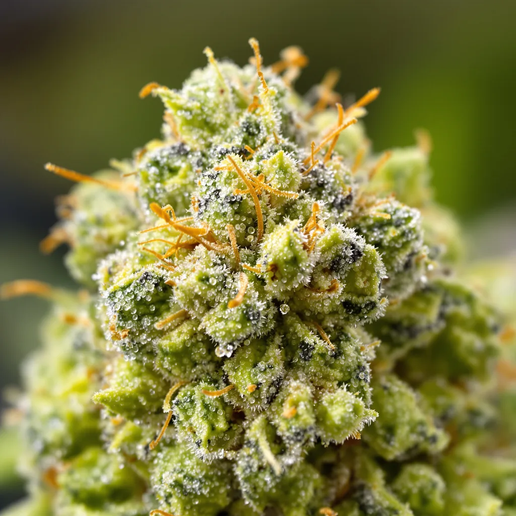 Primer plano de cogollo de cannabis Doobiebird Daydream mostrando estructura aireada verde lima