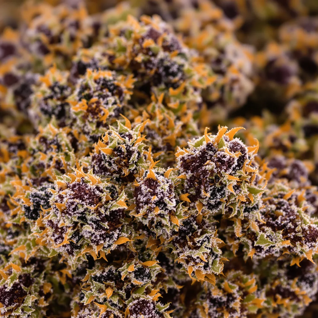 Primer plano de cogollo de cannabis Dorit mostrando cálices densos con tonos morados