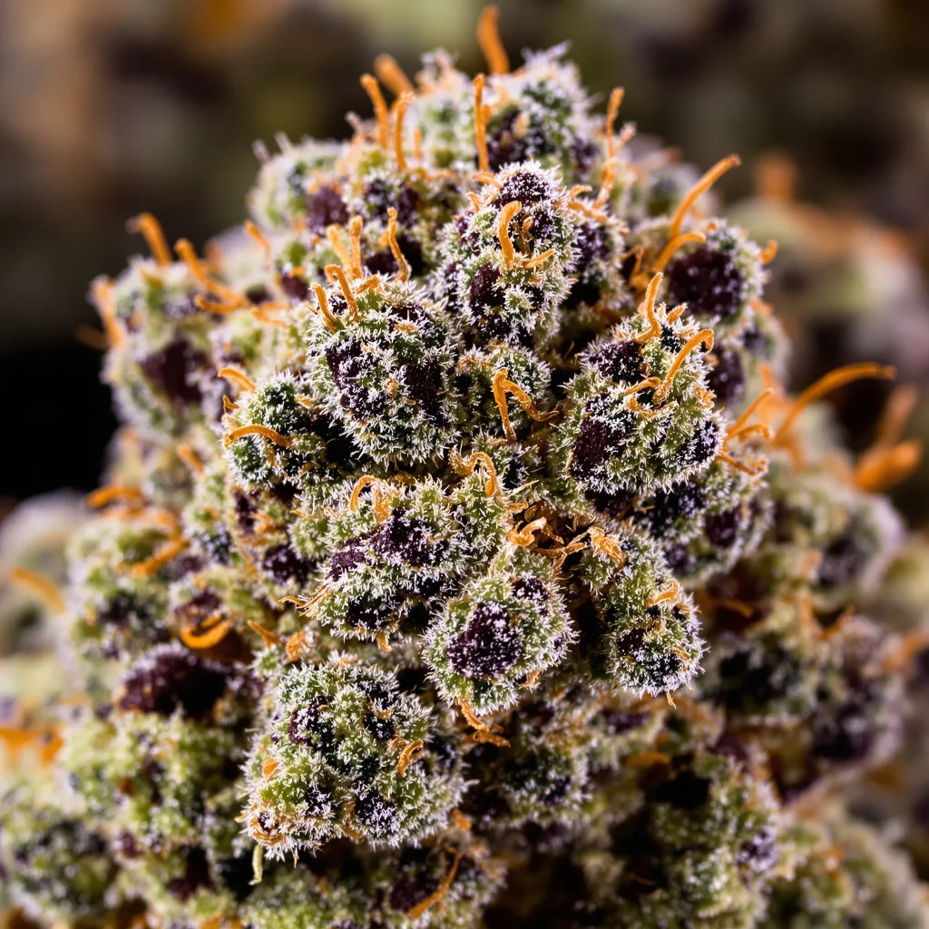 Primer plano de cogollo de cannabis Dosi Punch mostrando cálices densos con tonos morados