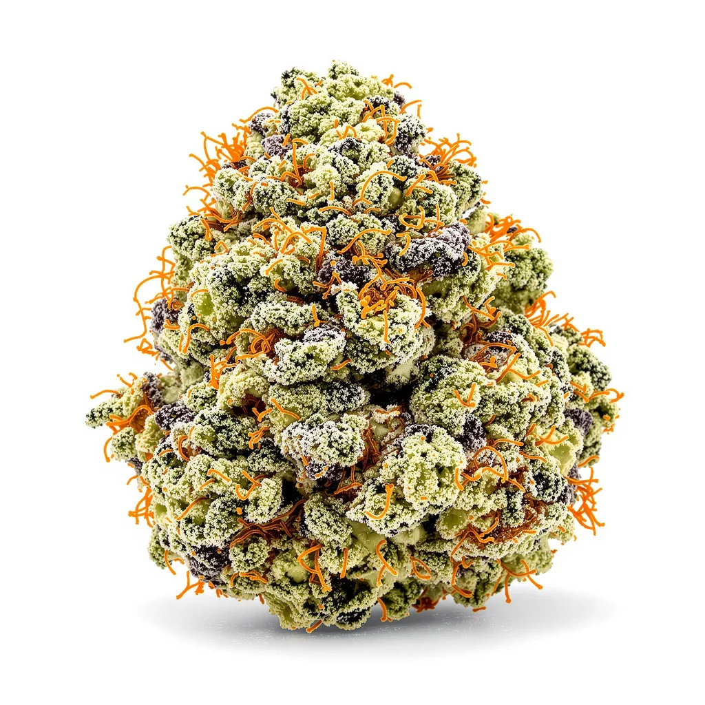 Double Bubble 45% indica / 55% sativa — flor con tricomas visibles