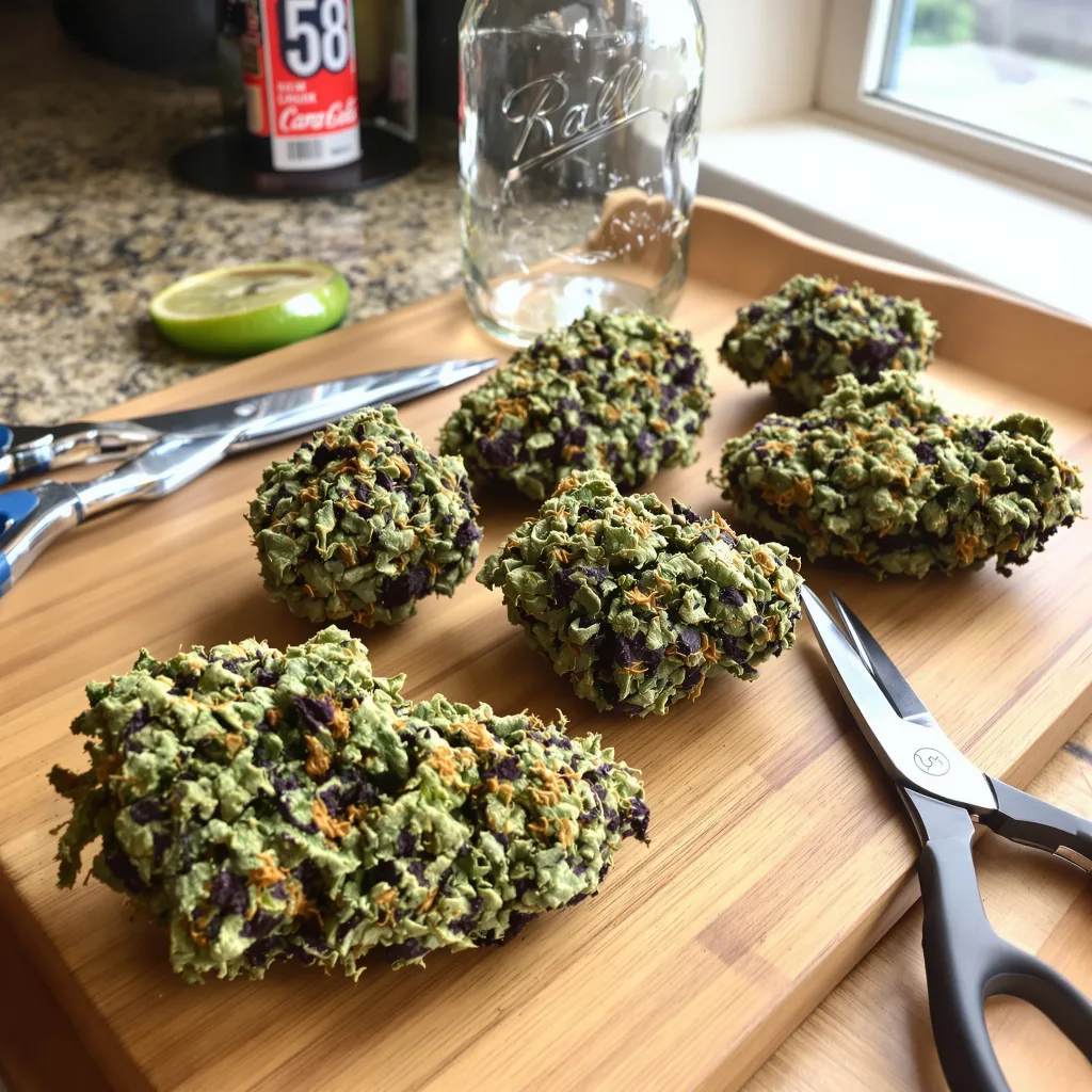 Double OG 85% indica / 15% sativa — flor con tricomas visibles