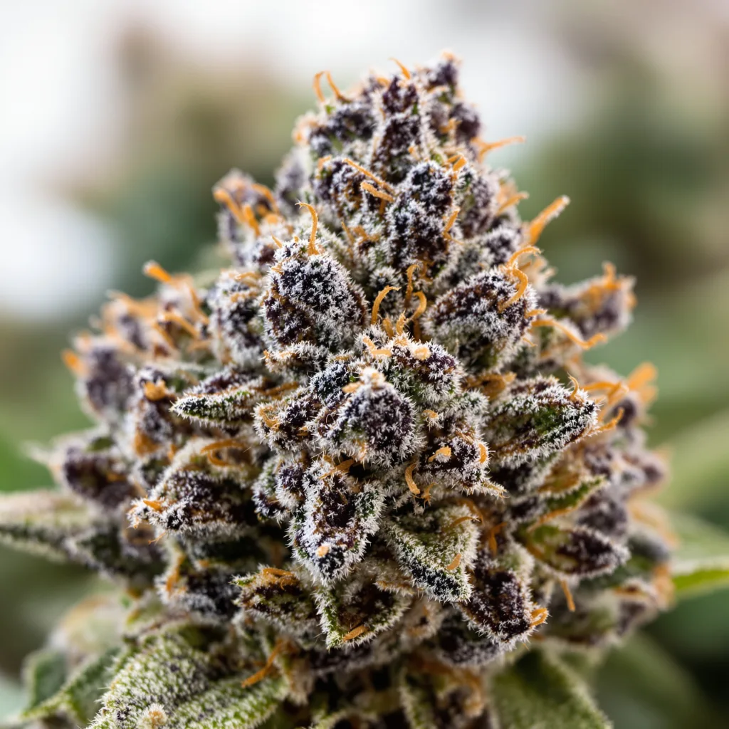 Primer plano de cogollo de cannabis Double OG mostrando cálices densos con tonos morados