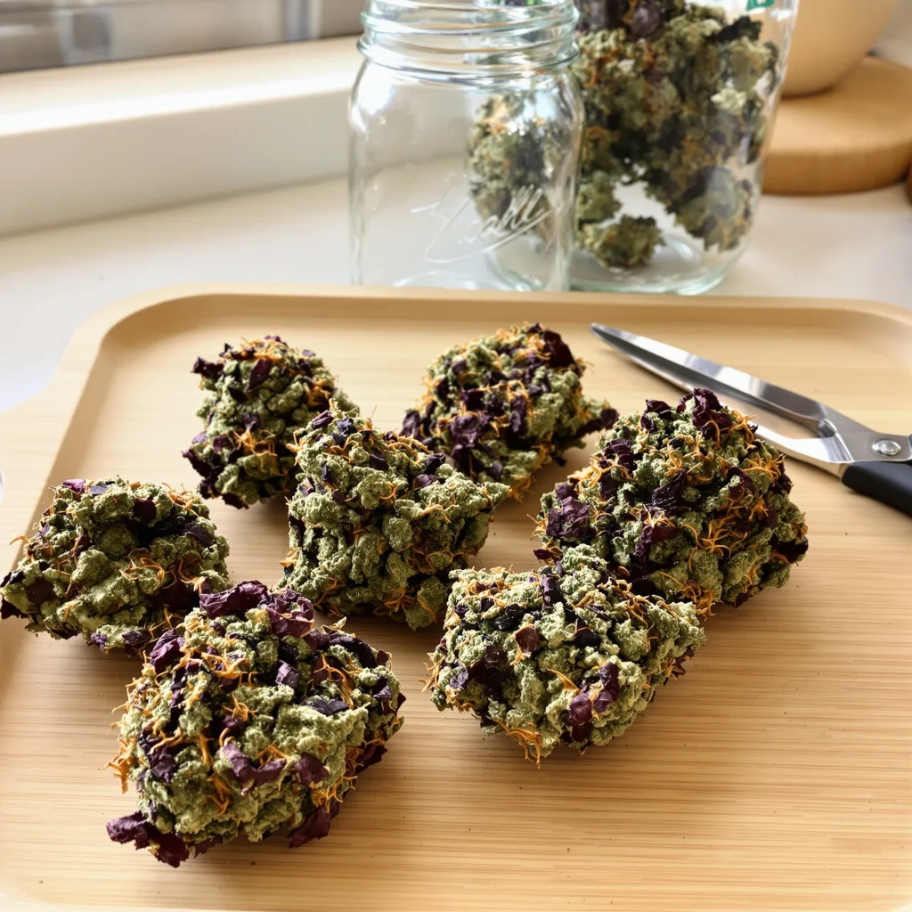 Double Purple Doja 68% indica / 32% sativa — flor con tricomas visibles