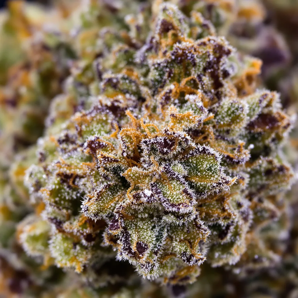 Primer plano de cogollo de cannabis Double Purple Doja mostrando cálices densos con tonos morados