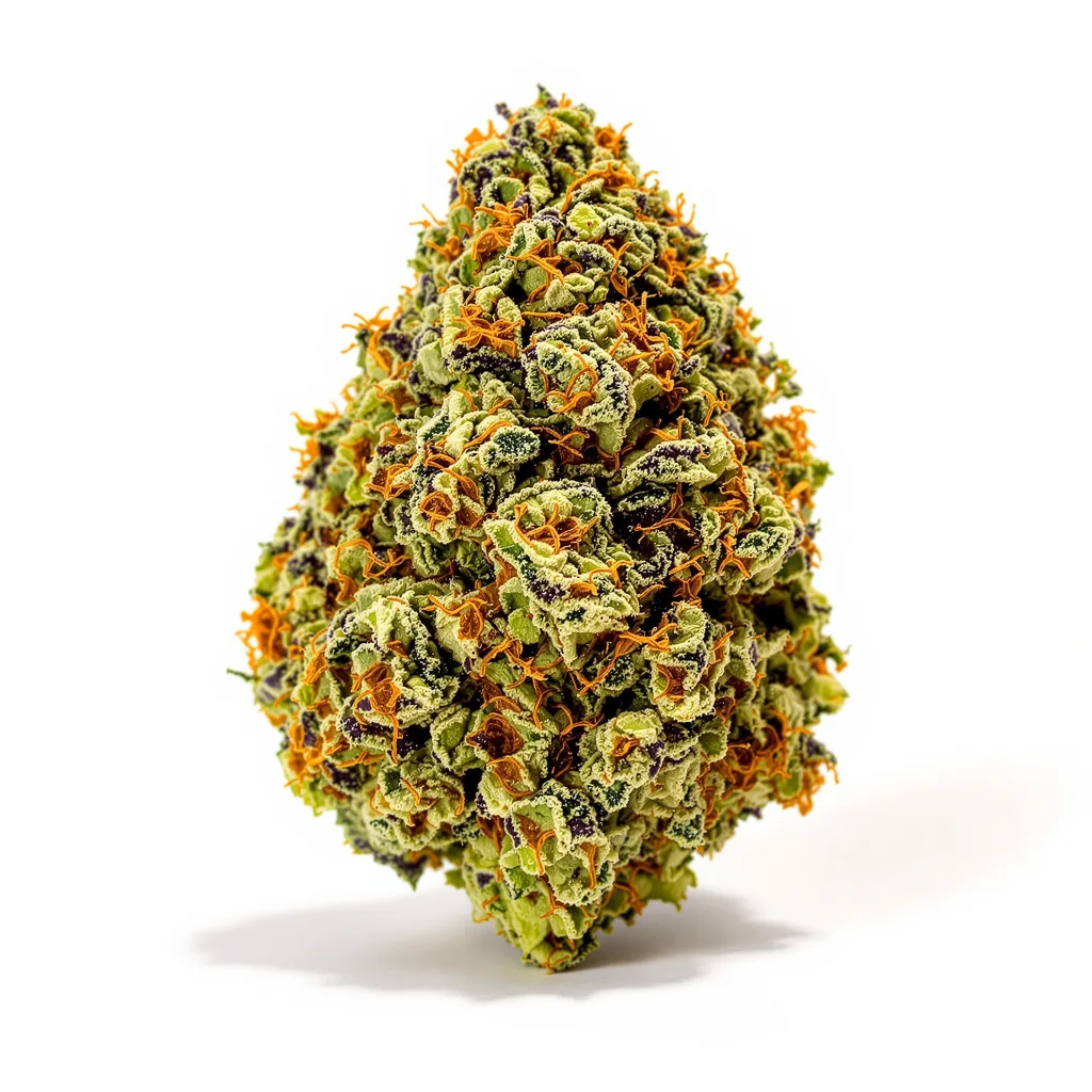 Double Purple Doja 68% indica / 32% sativa — flor con tricomas visibles